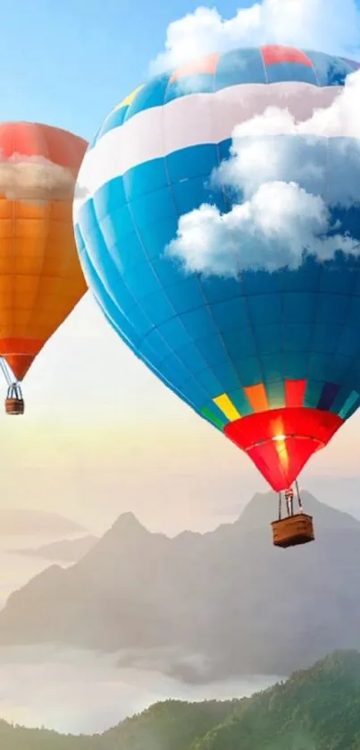 Colorful hot air balloons float over scenic landscape against a blue sky.