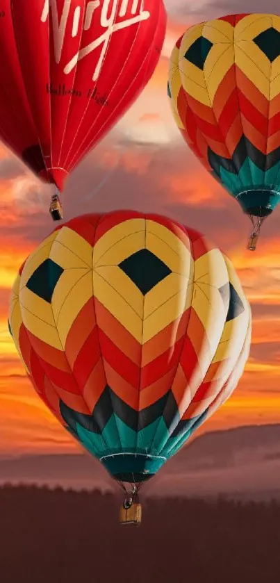 Vibrant hot air balloons float against a sunset sky, perfect for wallpaper.