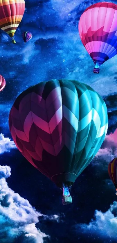 Hot air balloons against a vibrant night sky.