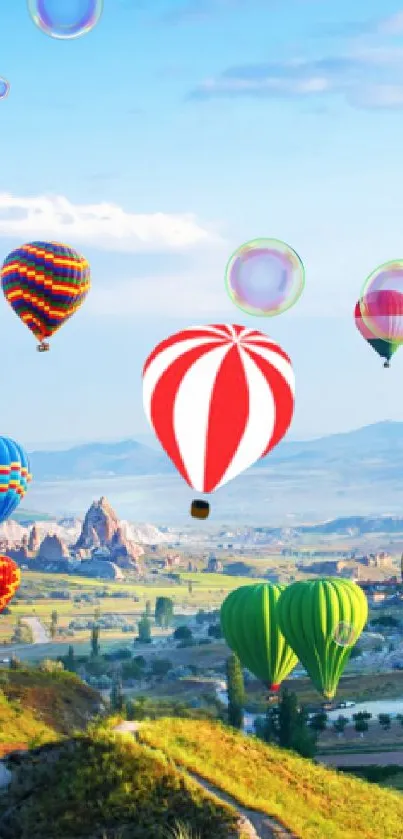 Colorful hot air balloons floating above a scenic landscape.