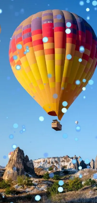 Vibrant hot air balloons float over stunning landscapes.