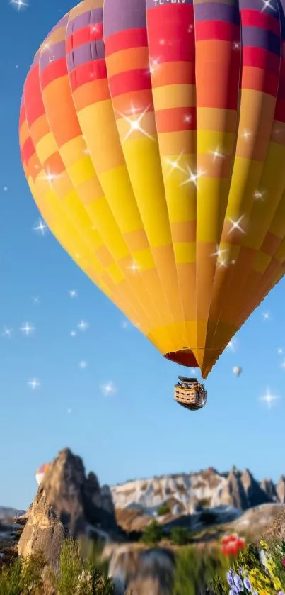 Colorful hot air balloon against a bright blue sky.