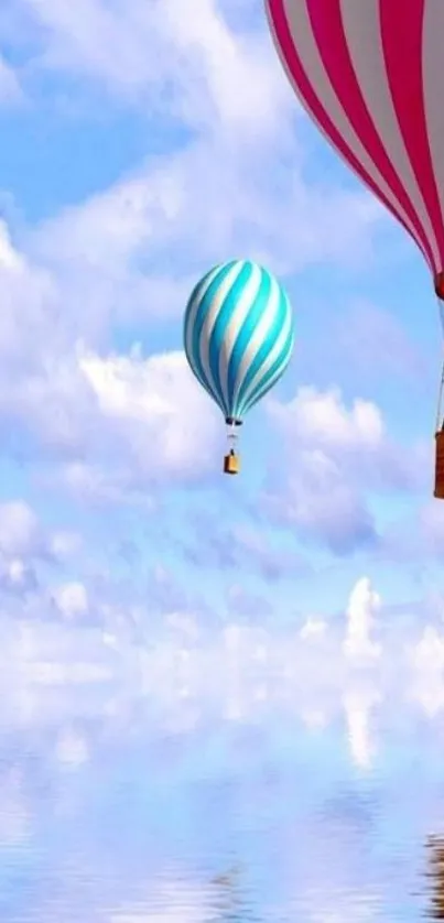 Hot air balloons ascend over tranquil blue skies and clouds.