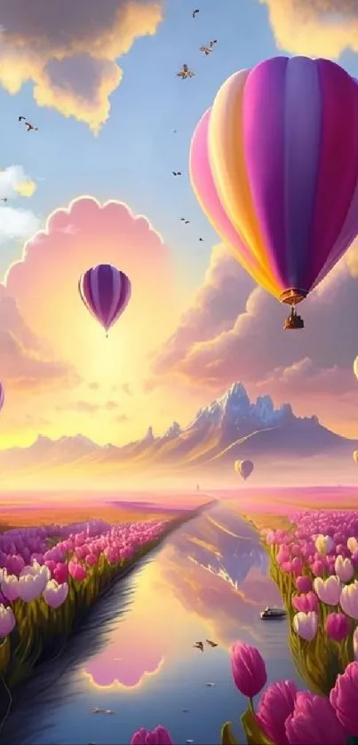 Vibrant hot air balloons float over a tulip field at sunset.