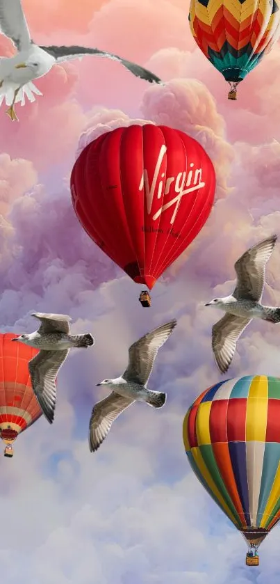 Colorful hot air balloons and seagulls flying over a cloud-filled sky.