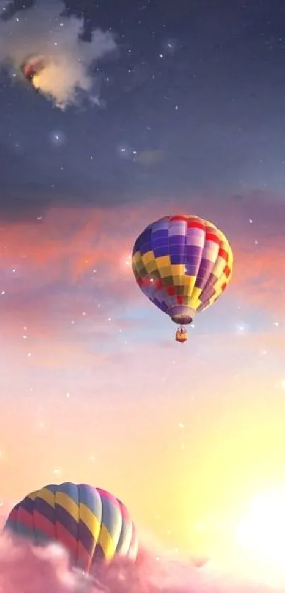 Colorful hot air balloons float in a stunning sunset sky.