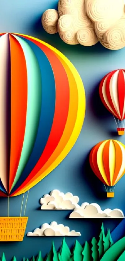 Colorful hot air balloons and clouds in a vibrant wallpaper design.