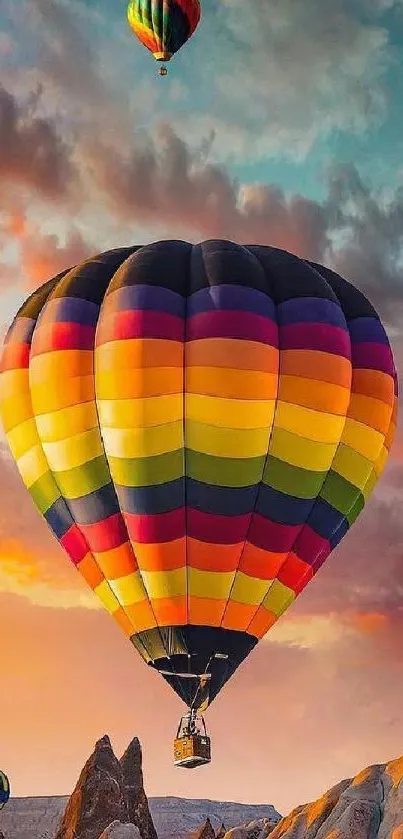 Vibrant hot air balloons floating at sunset.