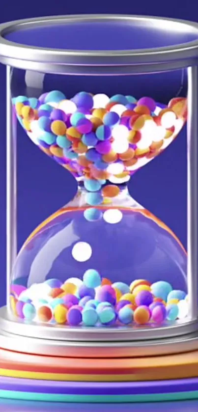 Colorful hourglass with spheres on blue background.