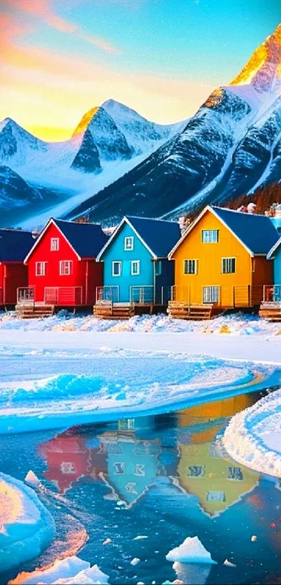 Colorful houses with mountain backdrop and reflecting water.