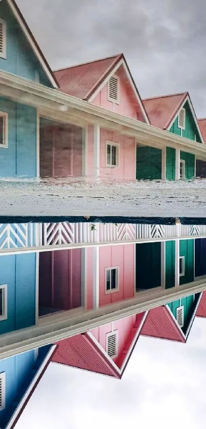 Colorful houses perfectly reflected in water, creating an artistic symmetry.