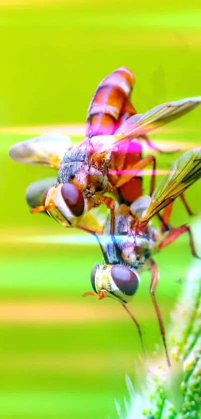 Close-up of colorful hoverflies on a plant against a green background.