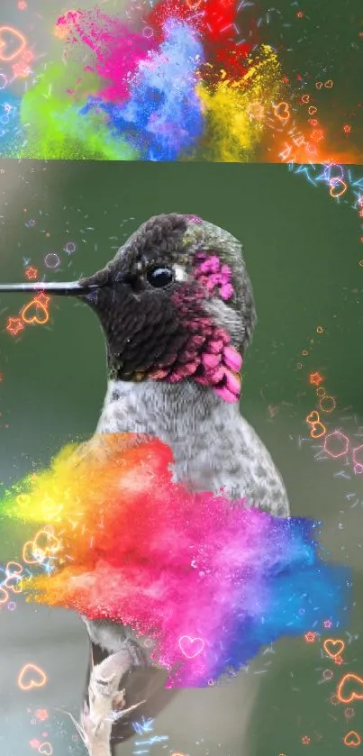 Vibrant abstract hummingbird with colorful splashes.