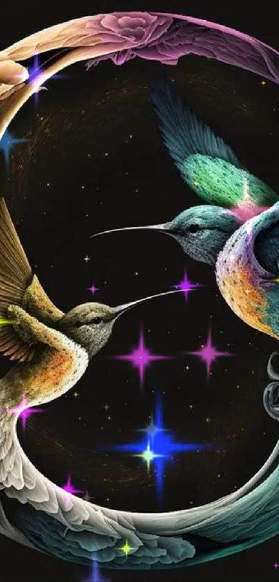 Colorful hummingbirds in cosmic artistic circle wallpaper.