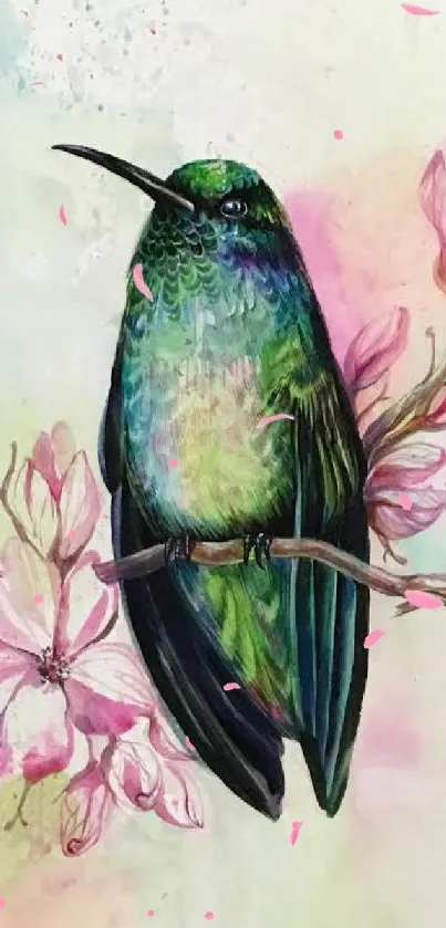 Watercolor hummingbird perched among blossoms with green and pink hues.