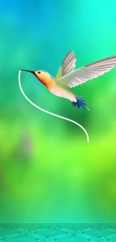 Colorful hummingbird flying in lush green background