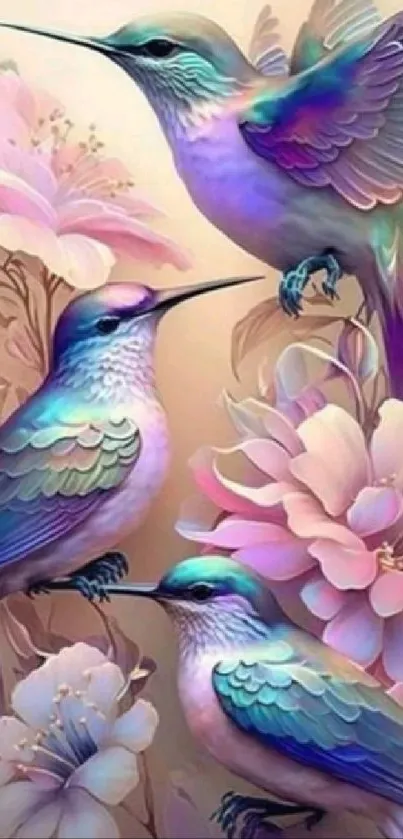 Artistic depiction of colorful hummingbirds and blossoms.