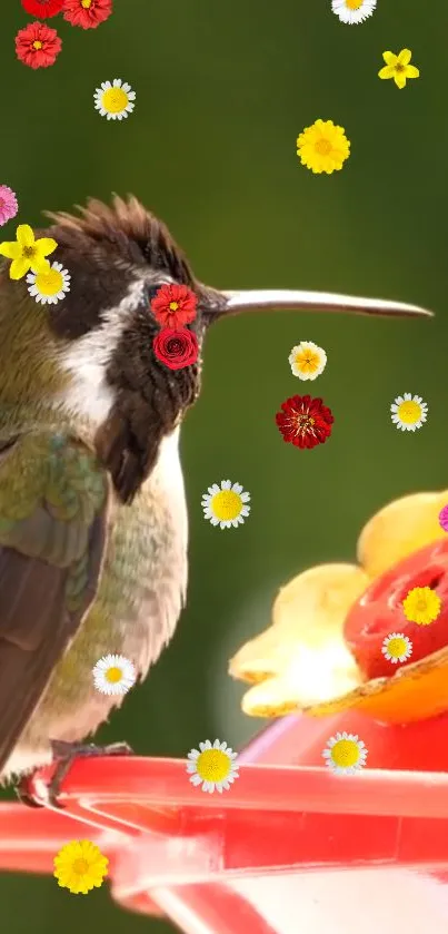 Colorful hummingbird with flowers on bright, nature-inspired phone wallpaper.