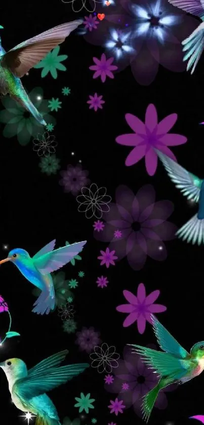 Vibrant hummingbird floral wallpaper design.