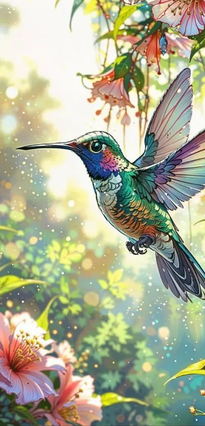 Vibrant hummingbird amidst colorful blooms in a garden.