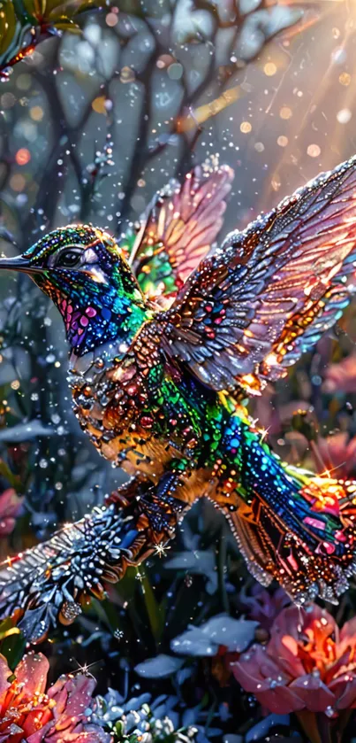 Colorful hummingbird with jeweled wings among flowers.