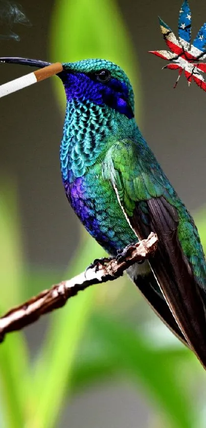 Colorful hummingbird with artistic details on a branch.