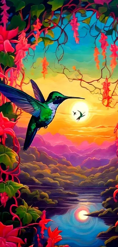 Hummingbird amid vibrant flowers at sunset in artistic wallpaper.