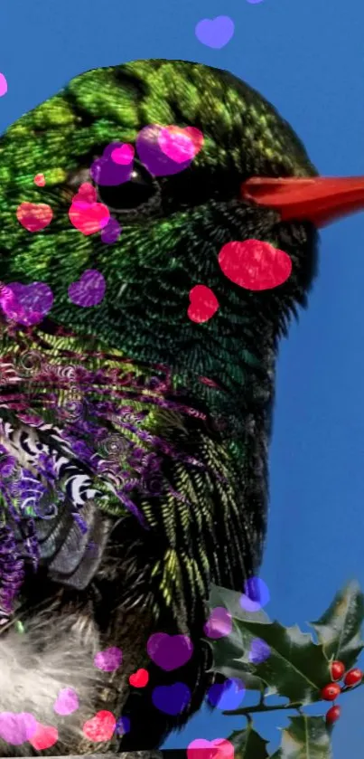 Vibrant hummingbird with colorful background featuring hearts.