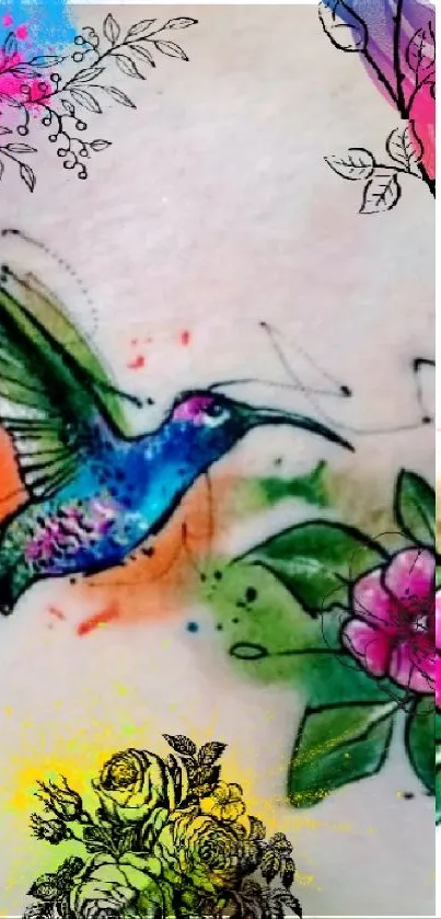 Colorful hummingbird with vibrant flowers on artistic wallpaper.