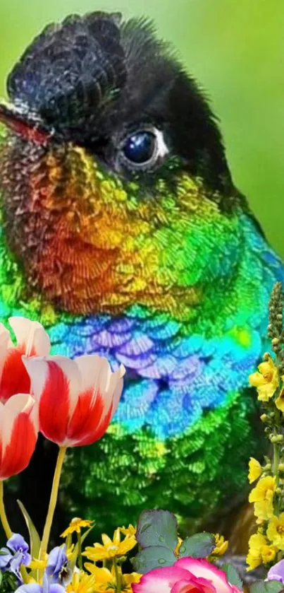 Colorful hummingbird with vibrant flowers in a lush natural background.