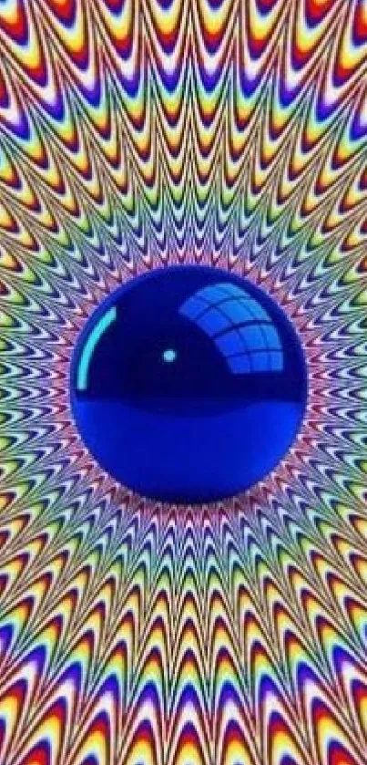 Colorful optical illusion with blue sphere center.