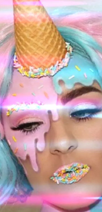 Vibrant ice cream themed face art with pastel colors.