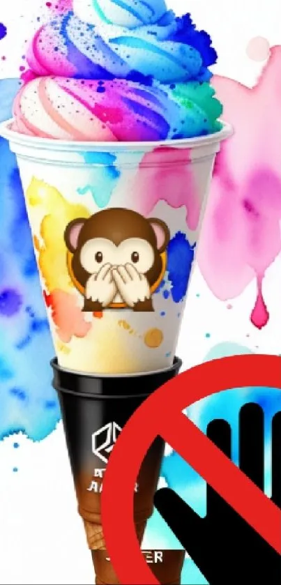 Colorful ice cream cone with monkey art and playful elements.