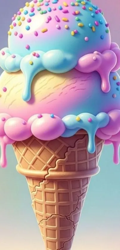 Colorful pastel ice cream cone with sprinkles.