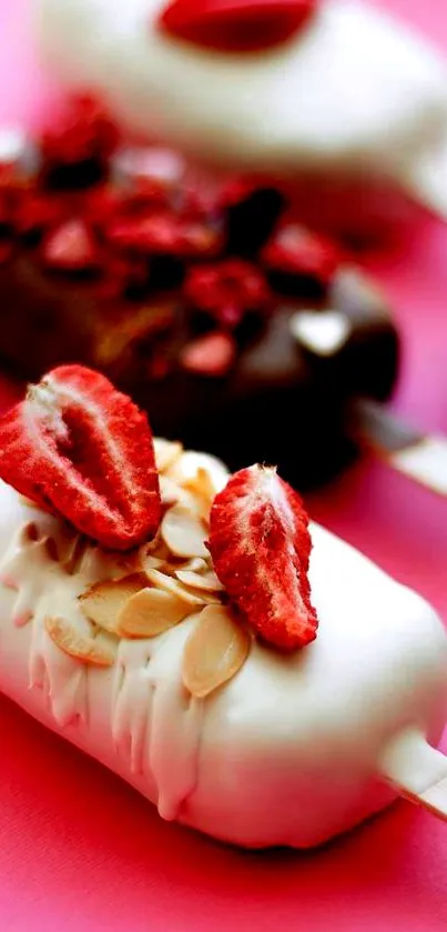 Ice cream bars with strawberries on pink background.