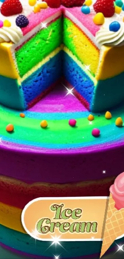 Vibrant rainbow ice cream cake wallpaper with colorful toppings.