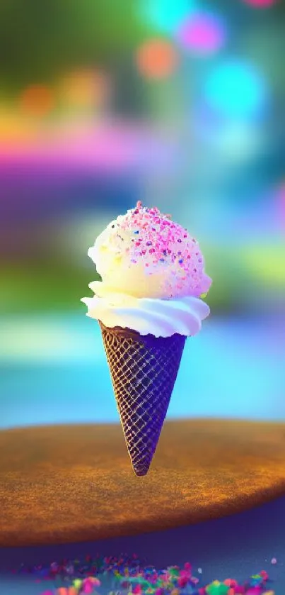 Colorful ice cream cone with sprinkles in a dreamy bokeh background.
