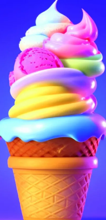 Colorful artistic ice cream cone with neon colors and rainbow swirls.