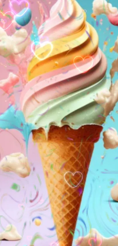 Colorful ice cream cone with pastel swirl background.