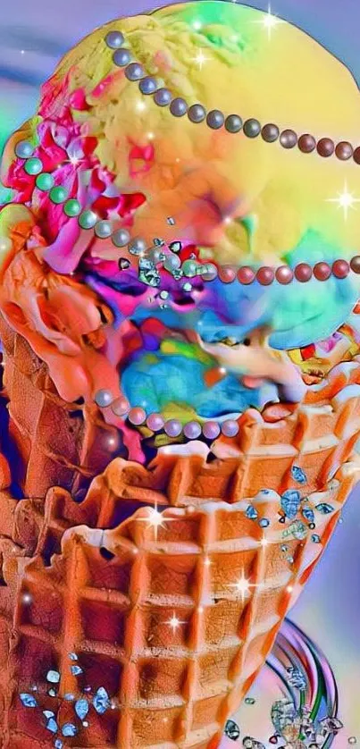 Colorful ice cream cone with beads and sparkles as phone wallpaper.