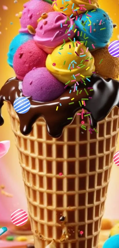 Colorful ice cream cone with chocolate syrup and sprinkles on a vibrant background.