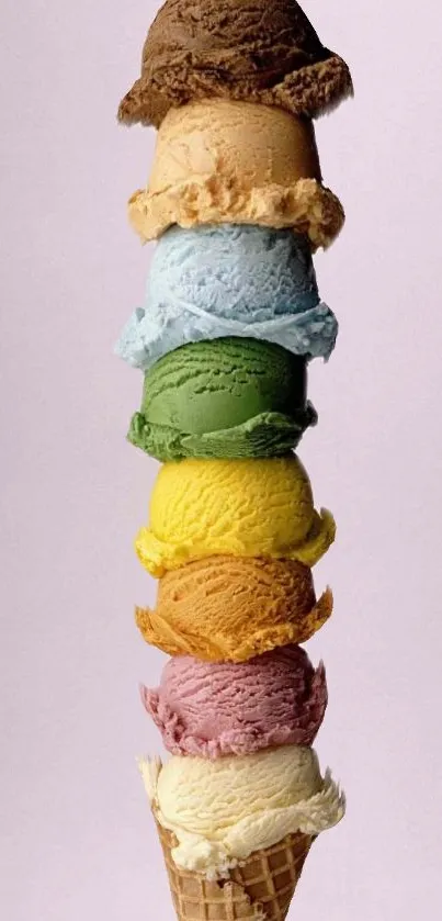 Stacked colorful ice cream scoops on a cone with a light purple background.