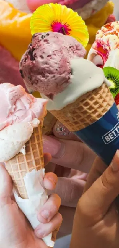 Multiple hands holding colorful ice cream cones with various flavors.