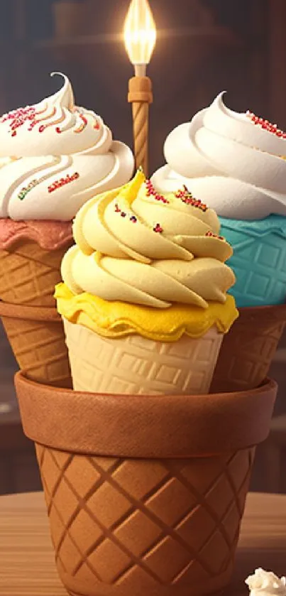 Three colorful ice cream cones with sprinkles and candles.