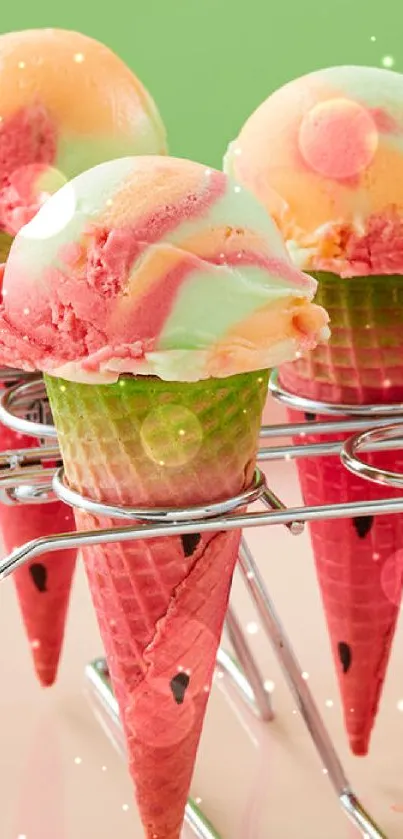 Colorful ice cream cones with vibrant swirls.