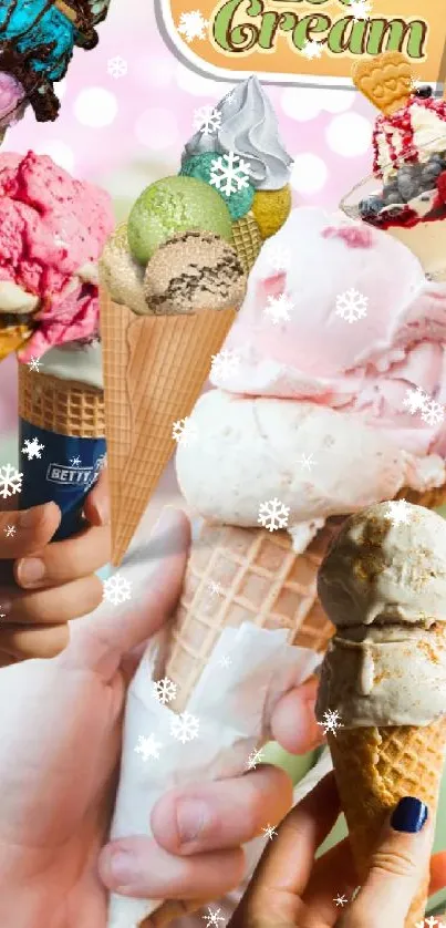 Colorful ice cream cones held by hands, perfect for dessert wallpaper.