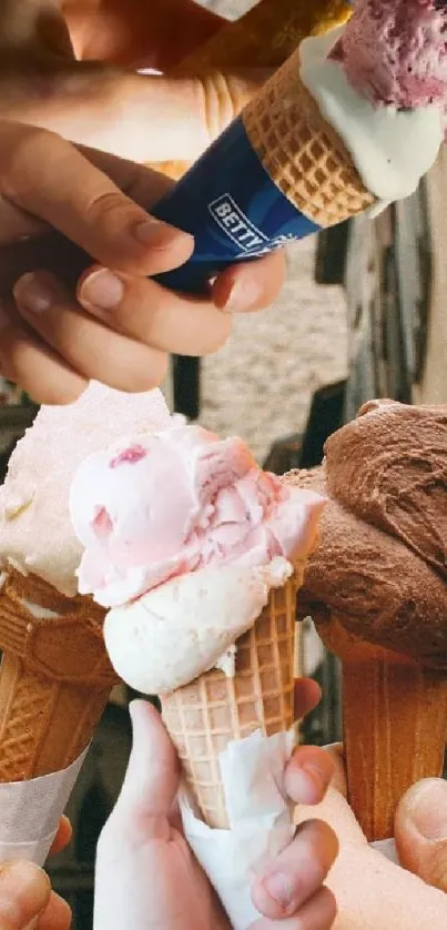 Multiple hands hold colorful ice cream cones.