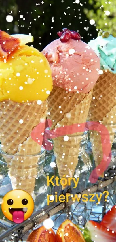 Vibrant ice cream cones with fruits on a sunny day.