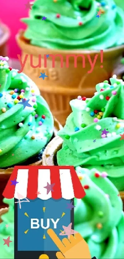 Bright green ice cream cones with colorful sprinkles.