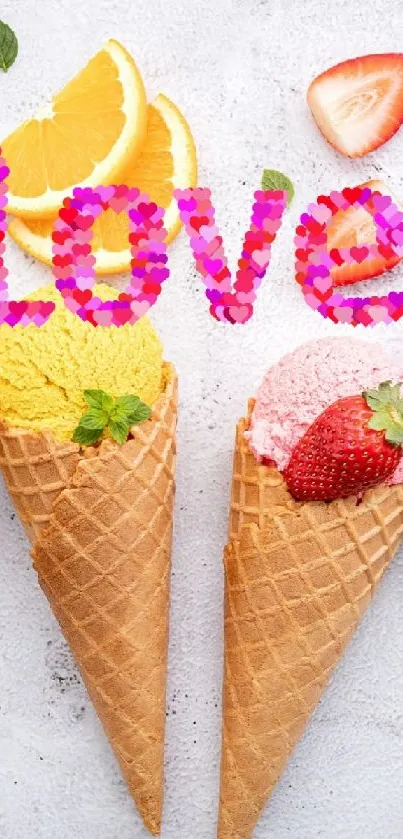 Colorful ice cream cones with toppings spelling 'Love'.